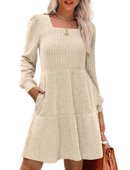 Damen geripptes Kleid mit quadratischem Ausschnitt und Laternenärmeln