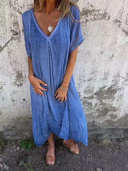🔥Heiss 49% Rabatt🔥Damen Lockeres V-Ausschnitt Baumwoll-Leinen Kleid