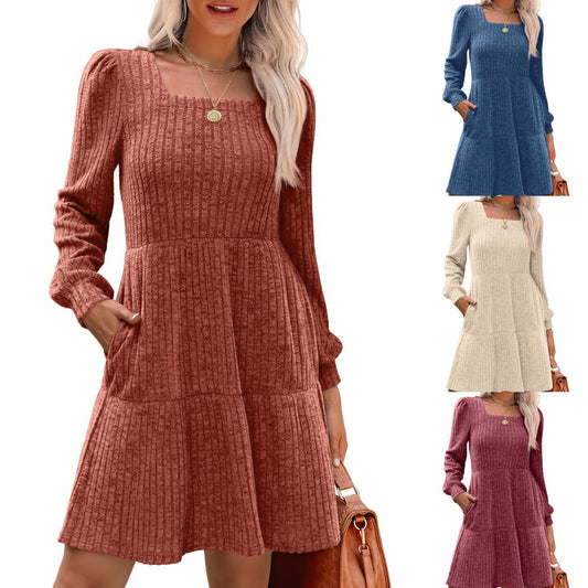Damen geripptes Kleid mit quadratischem Ausschnitt und Laternenärmeln
