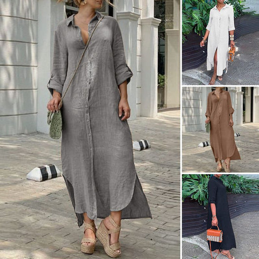 Lässiges Blusenkleid für Damen aus Baumwolle und Leinen mit Knopfleiste