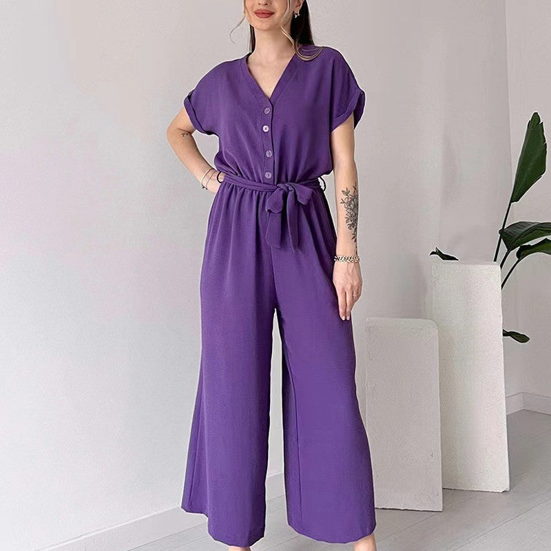 💥50% RABATT🌷Lässiger Jumpsuit mit V-Ausschnitt und kurzen Ärmeln für Damen