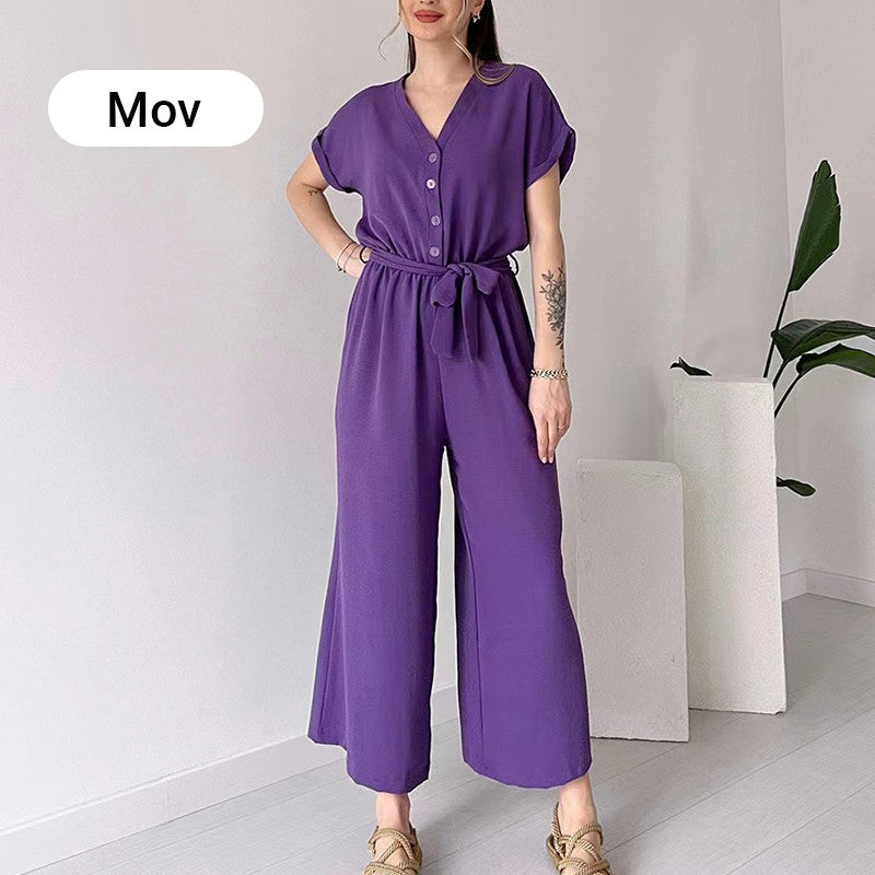 💥50% RABATT🌷Lässiger Jumpsuit mit V-Ausschnitt und kurzen Ärmeln für Damen