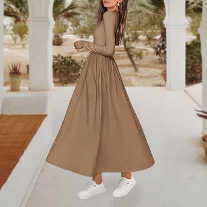 💥Zeitlich begrenzt 47% RABATT 💕Elegantes einfarbiges A-Linien-Plissee-Kleid mit Rundhalsausschnitt
