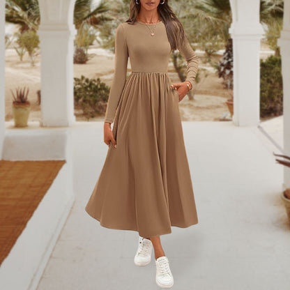 💥Zeitlich begrenzt 47% RABATT 💕Elegantes einfarbiges A-Linien-Plissee-Kleid mit Rundhalsausschnitt