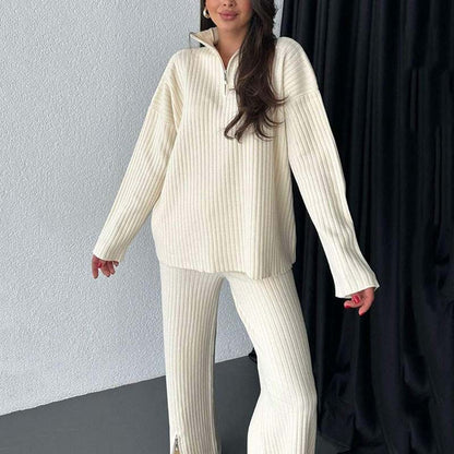 48%Rabatt🔥Gemütliches zweiteiliges Set aus Rippstrick für Damen mit Hose mit geschlitztem Bein