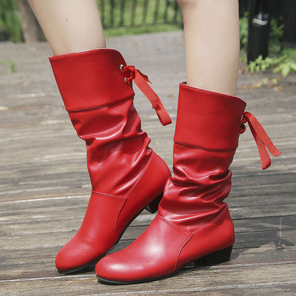 👢Damenstiefel mit Schnürung und klobigem Absatz bis zur Wadenmitte