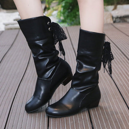 👢Damenstiefel mit Schnürung und klobigem Absatz bis zur Wadenmitte