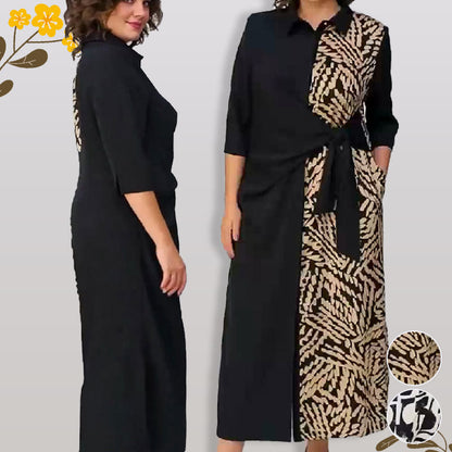 Kleid mit 3/4-Ärmeln, Farbblock-Print, Revers und Schlitz