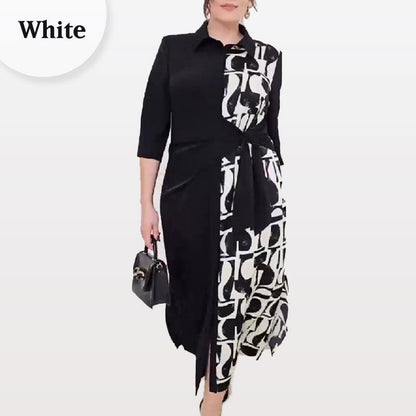 Kleid mit 3/4-Ärmeln, Farbblock-Print, Revers und Schlitz