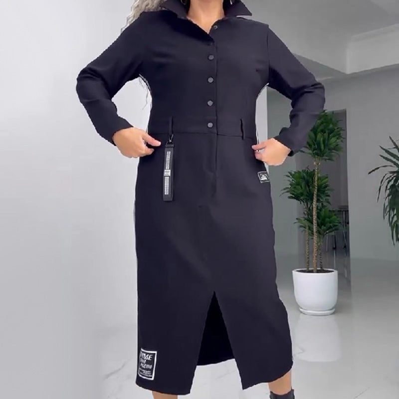 Langärmliges Button-Down-Kleid mit Schlitz für Damen