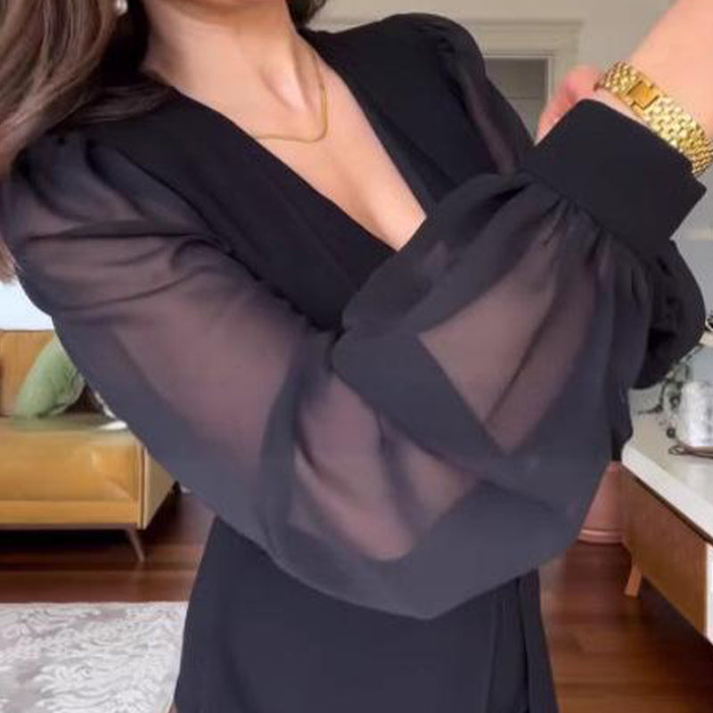 🥰Neues Jahr, neue Kleidung🥰Elegantes Kleid mit V-Ausschnitt und langen Laternenärmeln aus Mesh für Frauen