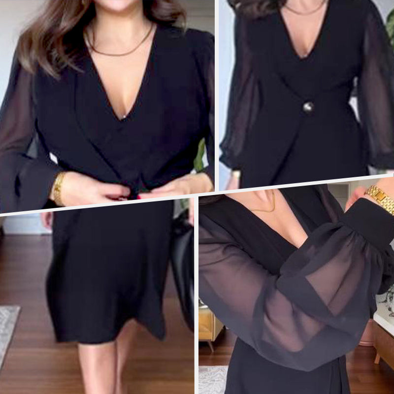 🥰Neues Jahr, neue Kleidung🥰Elegantes Kleid mit V-Ausschnitt und langen Laternenärmeln aus Mesh für Frauen