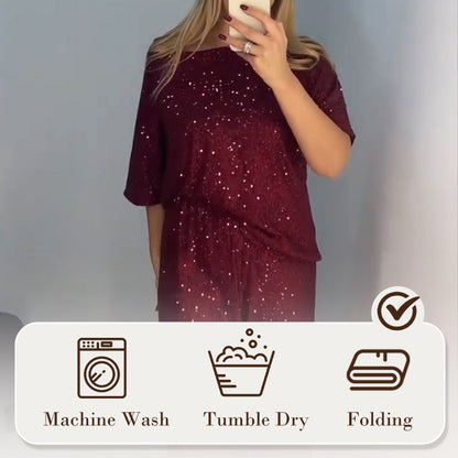 Rundhalsoberteil mit Pailletten und weite Hose für Damen