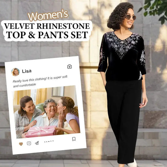 👗✨ Elegantes 2-teiliges Samt-Set mit Kristallverzierungen 👗💎