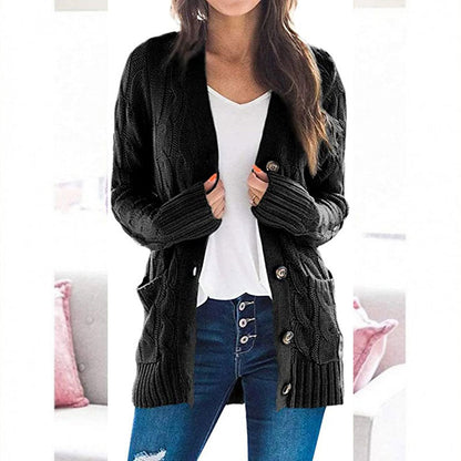 Lässige Damen-Strickjacke für Herbst mit langen Ärmeln, Knopfleiste und offenem Vorderteil