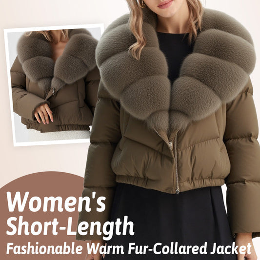 Damen kurze, modische und warme Jacke mit Kunstfellkragen（Isländische weiße Entendaunenfüllung）