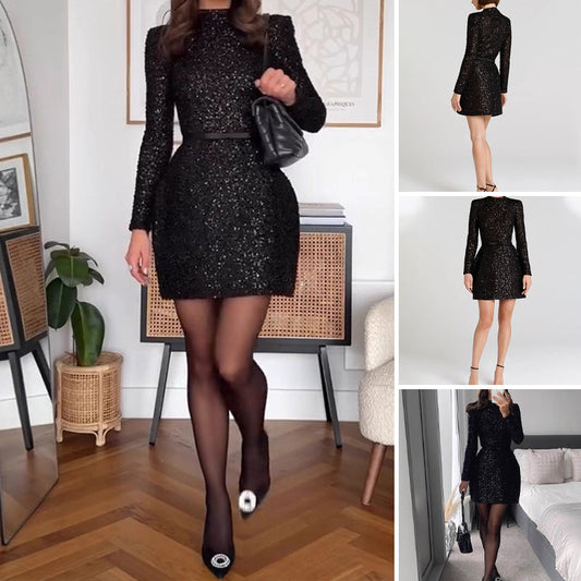 Women's Glittering Long Sleeve Dress with Belt