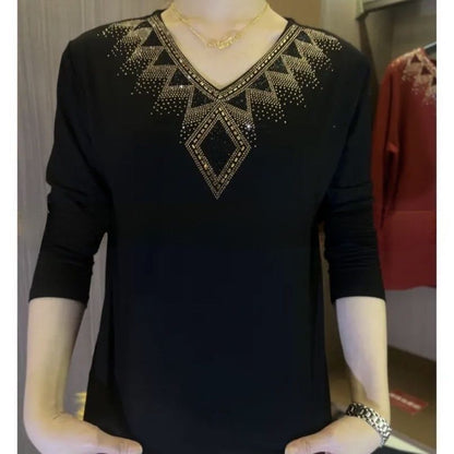 Ideales Geschenk - Hochwertiges Winter-T-Shirt aus Kunstvelours mit Strasssteinen, warm und modisch.