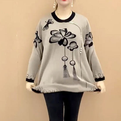 Women's Loose Soft Round Neck Flower Knit Sweater