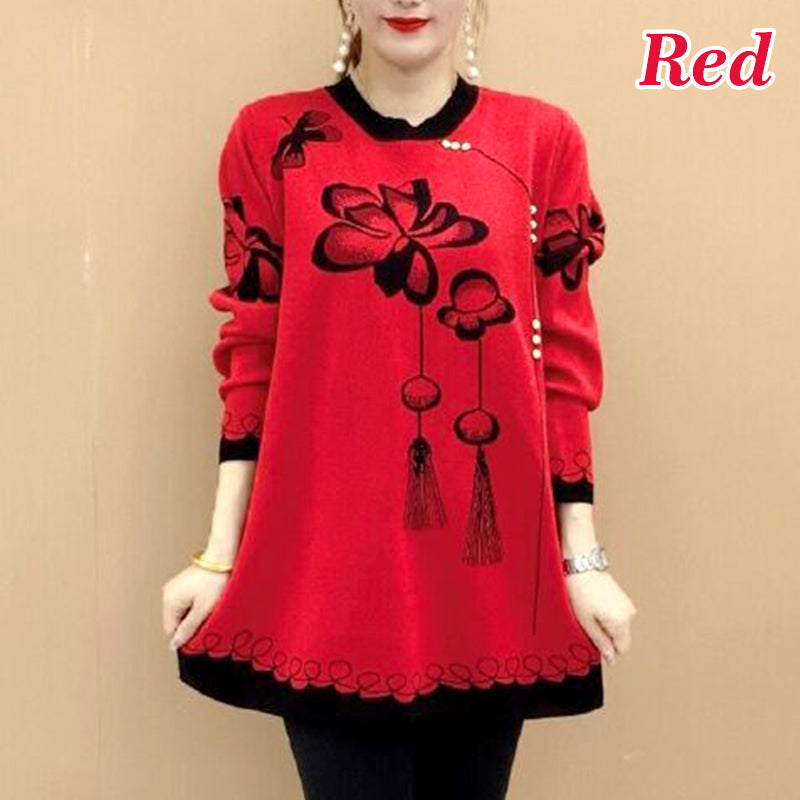 Women's Loose Soft Round Neck Flower Knit Sweater